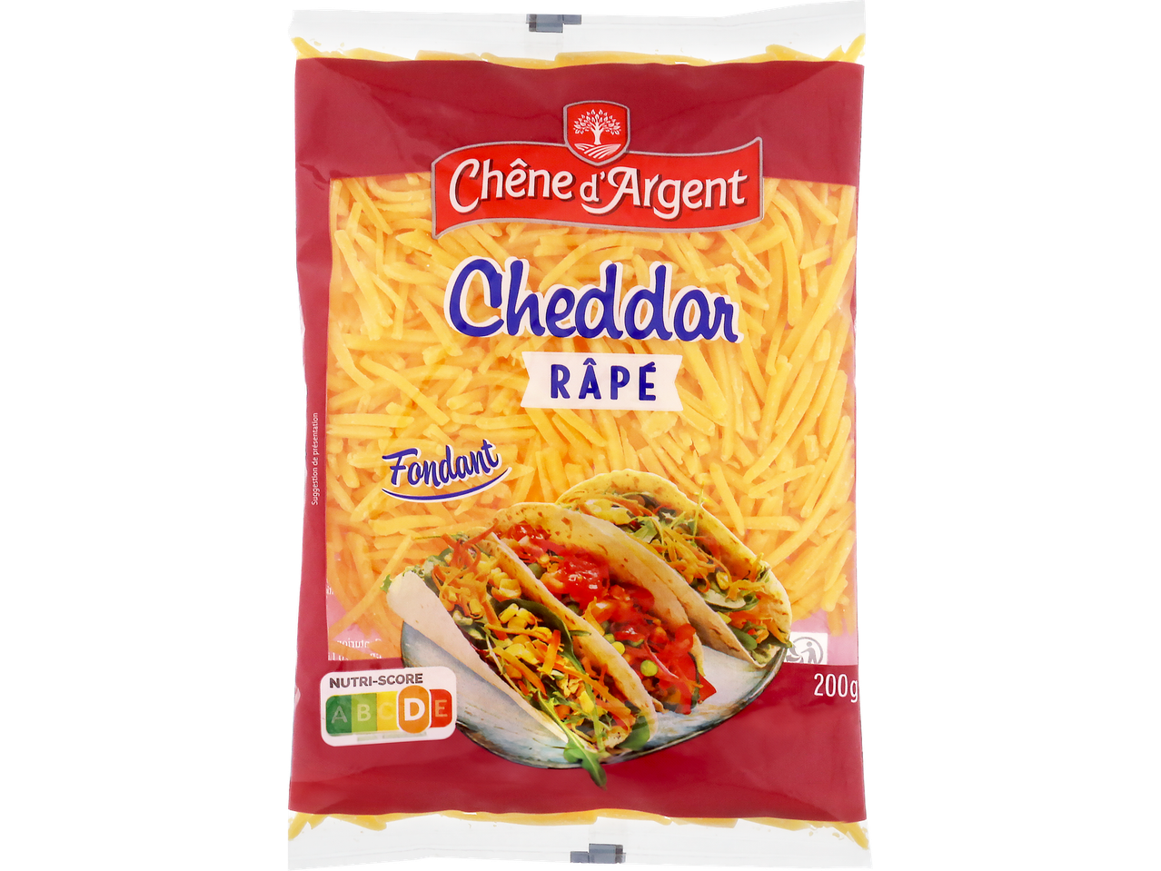 Sachet de fromage Cheddar râpé Chêne d'Argent avec tacos, Nutri-score D, 200g.
