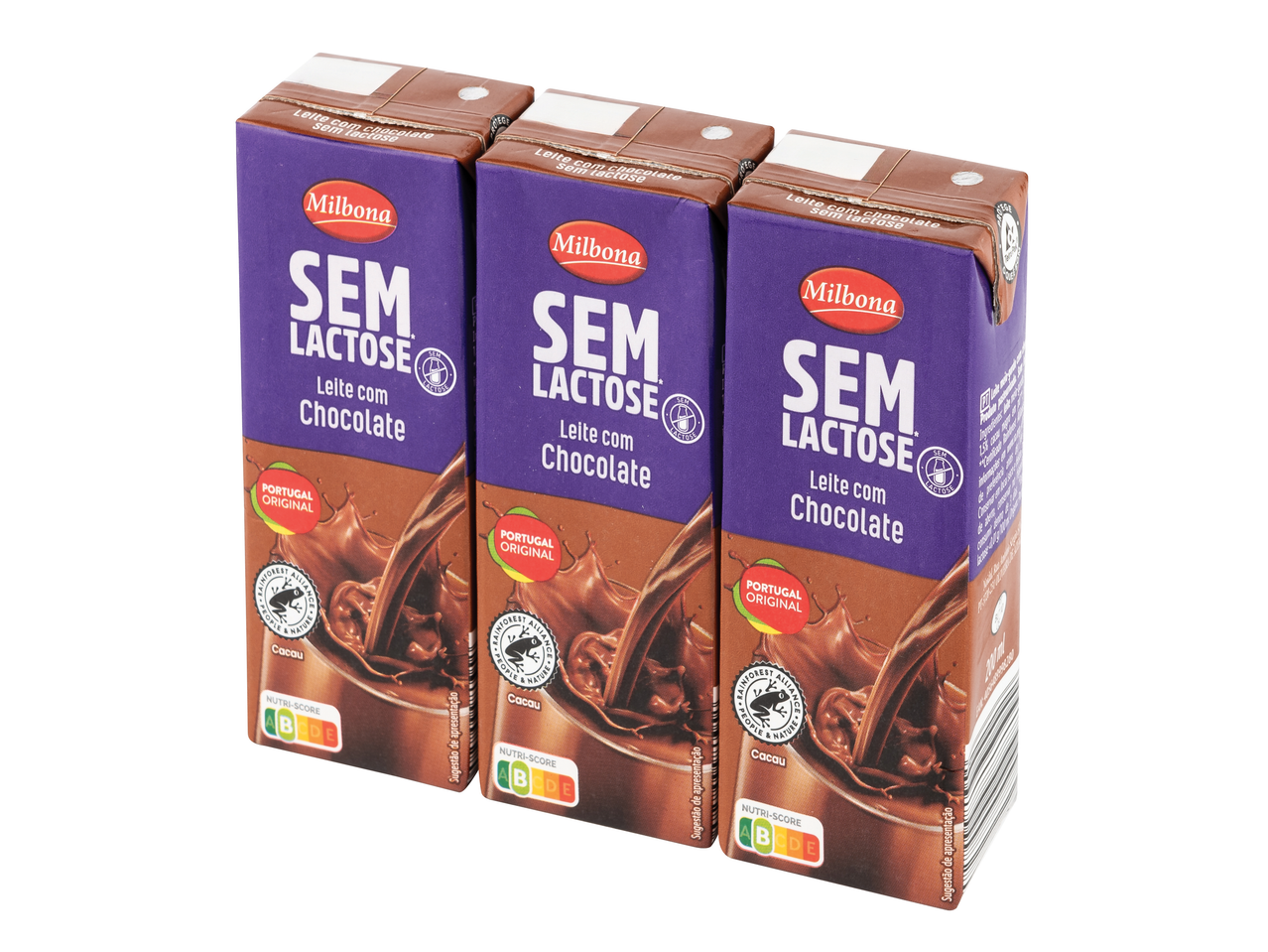 Três embalagens de leite com chocolate sem lactose Milbona com certificação Rainforest Alliance.