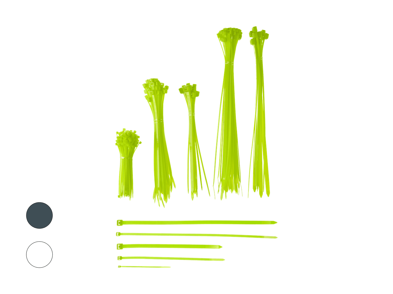 Serre-câbles verts de différentes tailles, regroupés et individuels, sur fond noir.