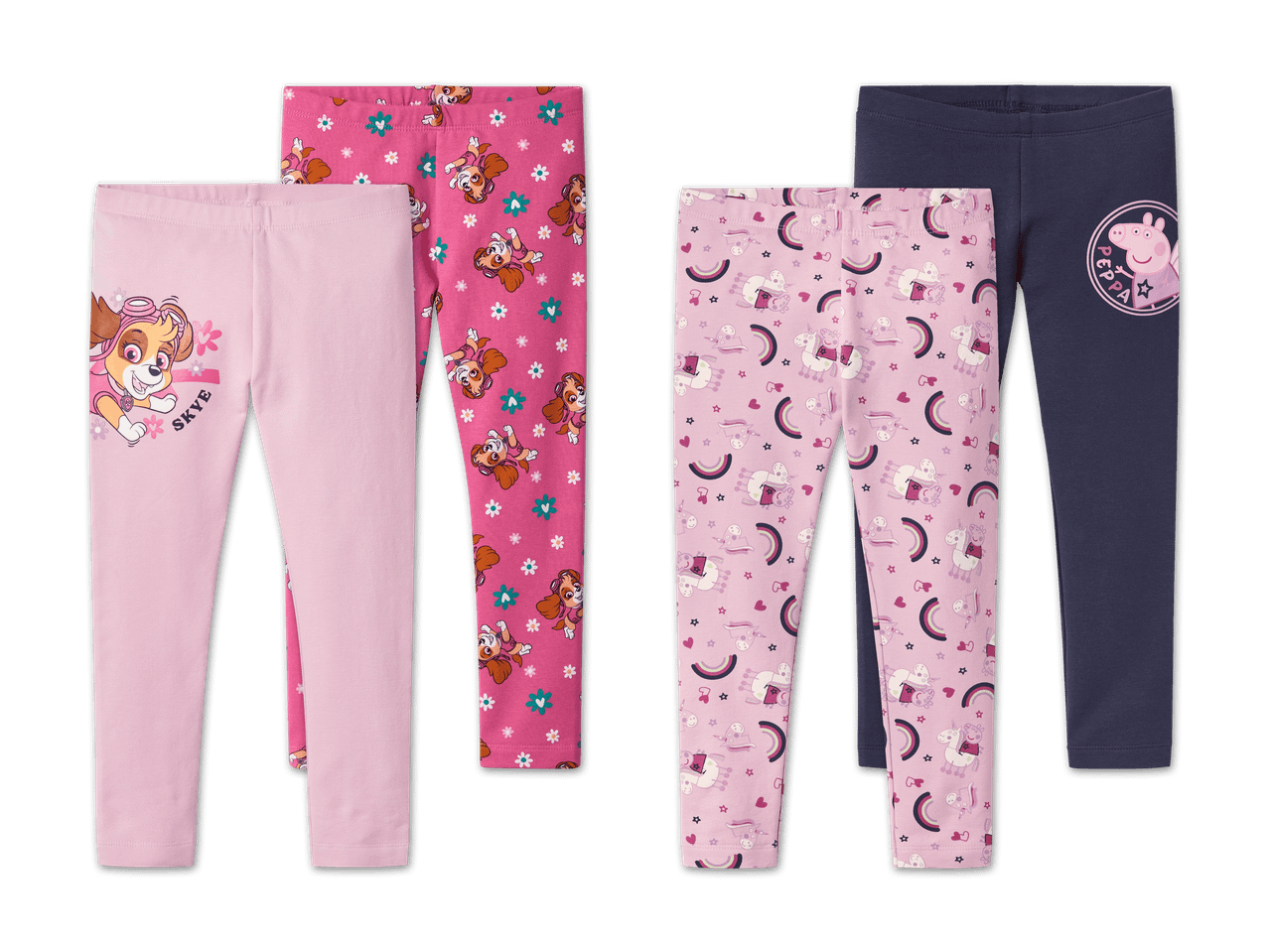 Vier Kinderleggings: zwei rosa Paw Patrol Skye, eine rosa Peppa Wutz Einhorn und eine dunkelblaue Peppa Wutz.