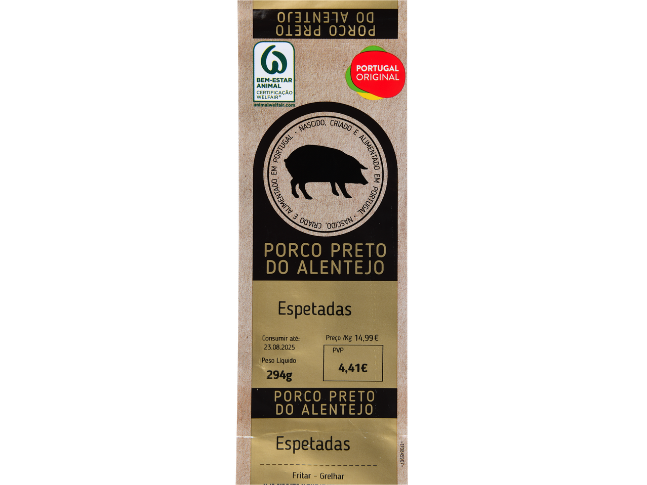 Embalagem de Espetadas de Porco Preto do Alentejo, com destaque para bem-estar animal e origem portuguesa.