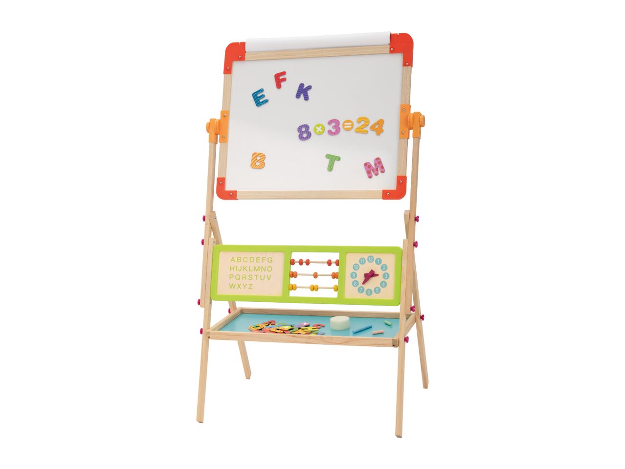 A wooden easel with a whiteboard, magnetic letters and numbers, an abacus, and a clock.