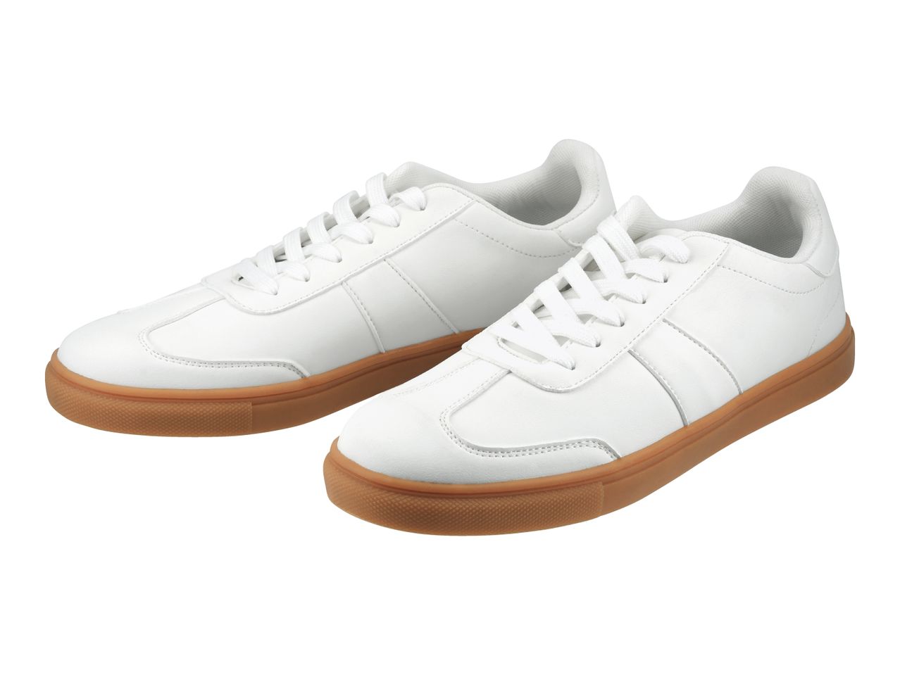Pair of white sneakers with brown soles