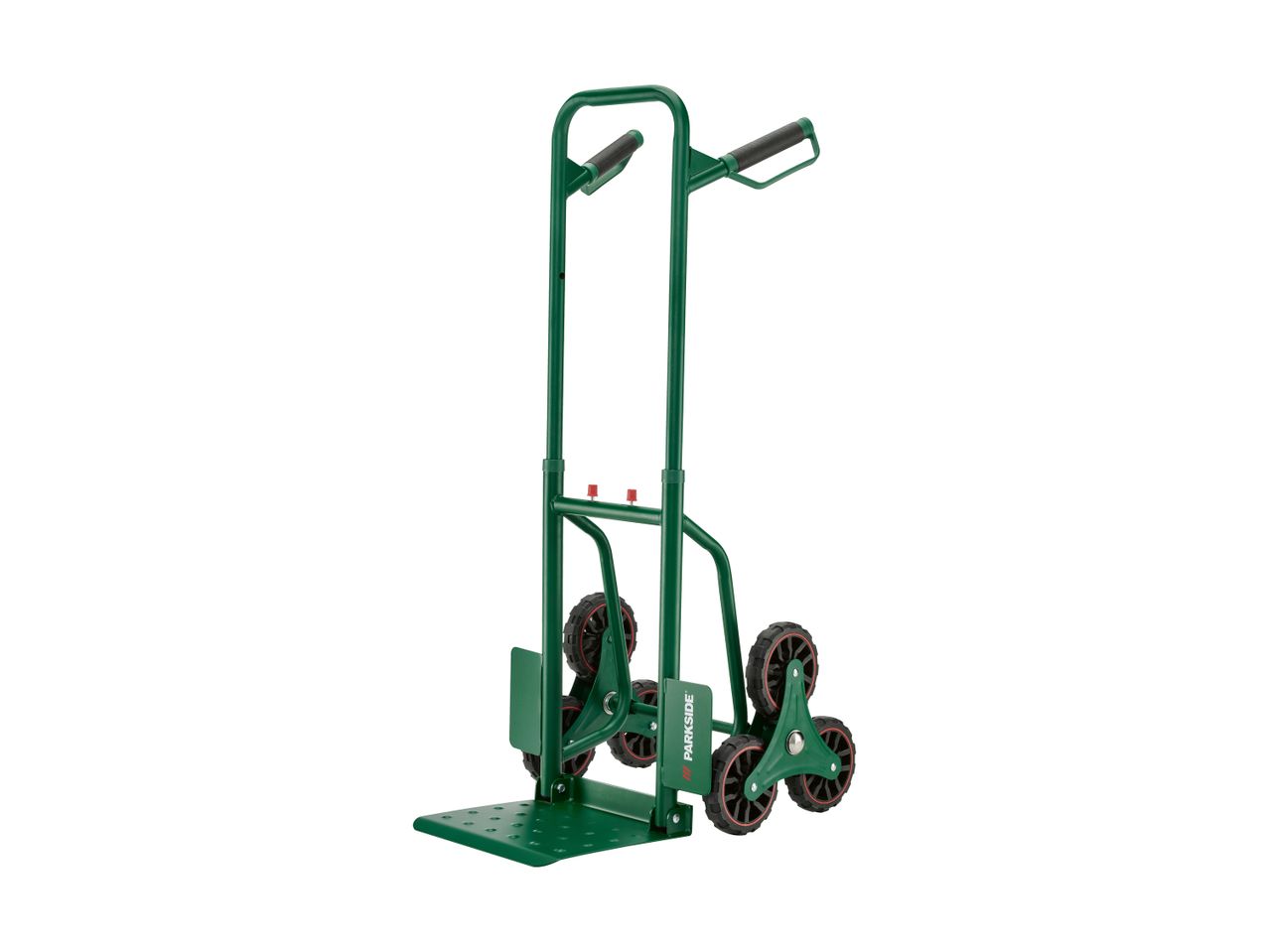 Grøn trappevogn med seks hjul og sort håndtag.