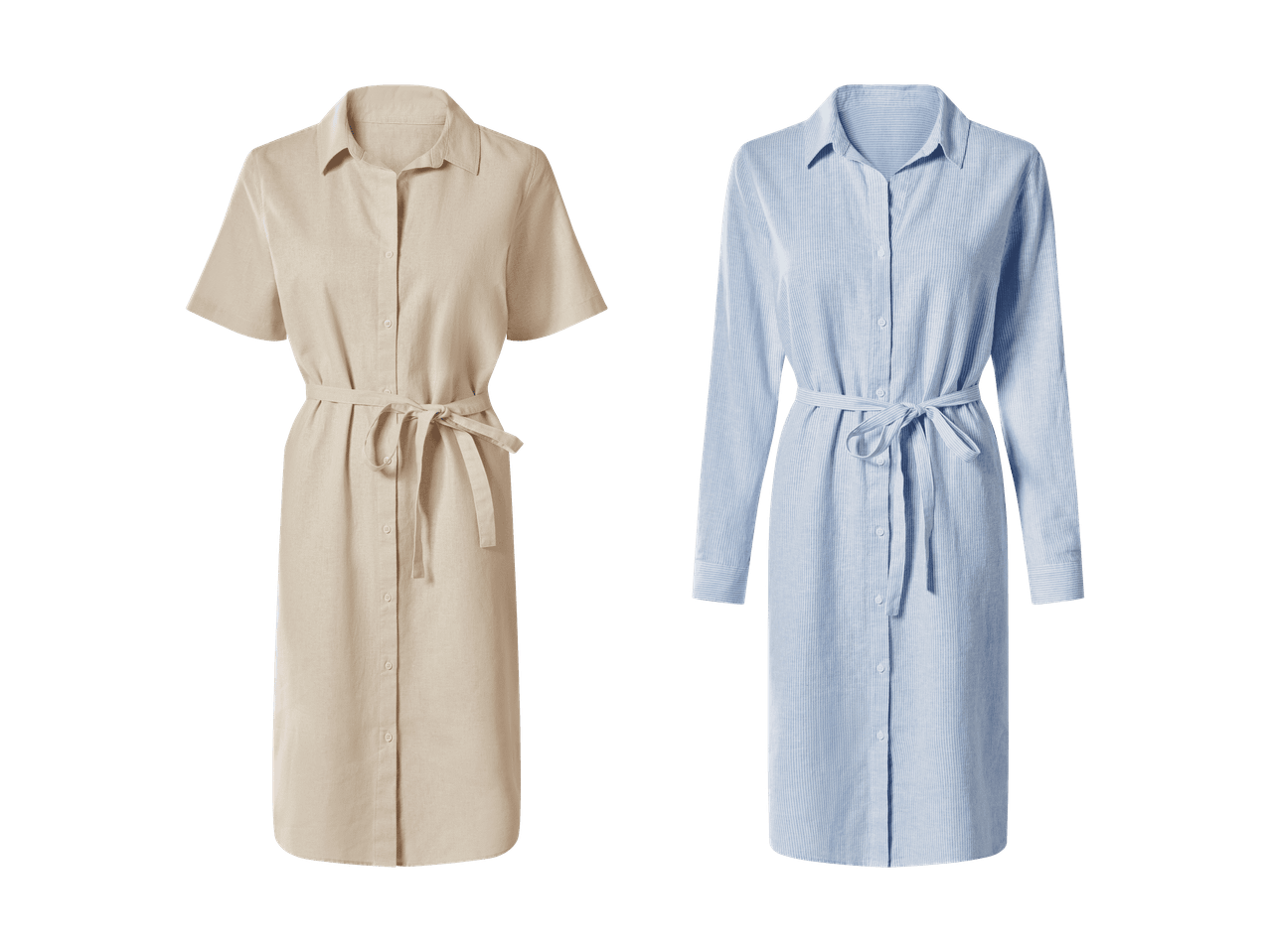 Zwei Hemdblusenkleider, eines in Beige mit kurzen Ärmeln und eines in Hellblau gestreift mit langen Ärmeln.