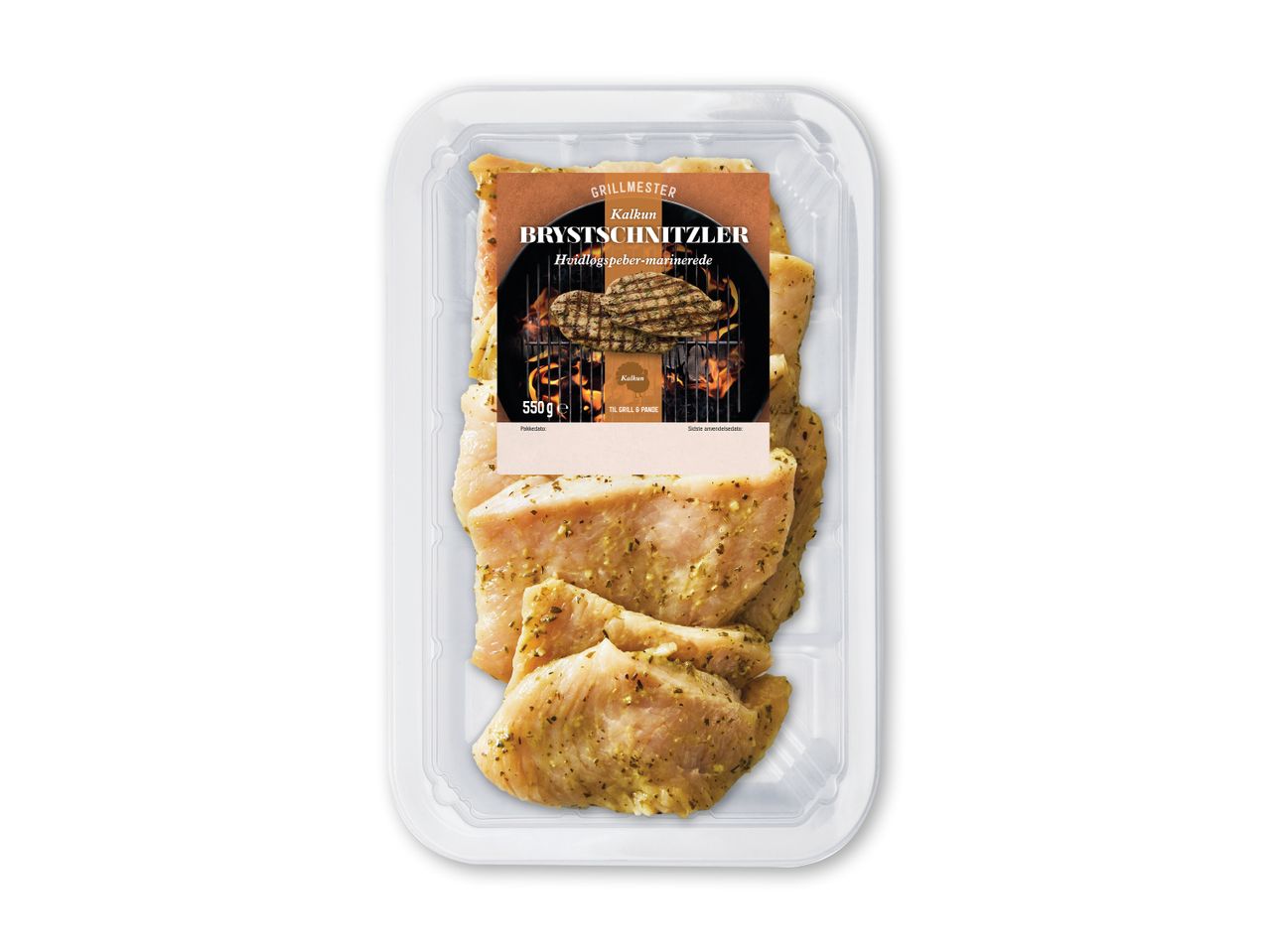 Kalkunbrystschnitzler i hvidløgspeber-marinade, 550g, klar til grill og pande.