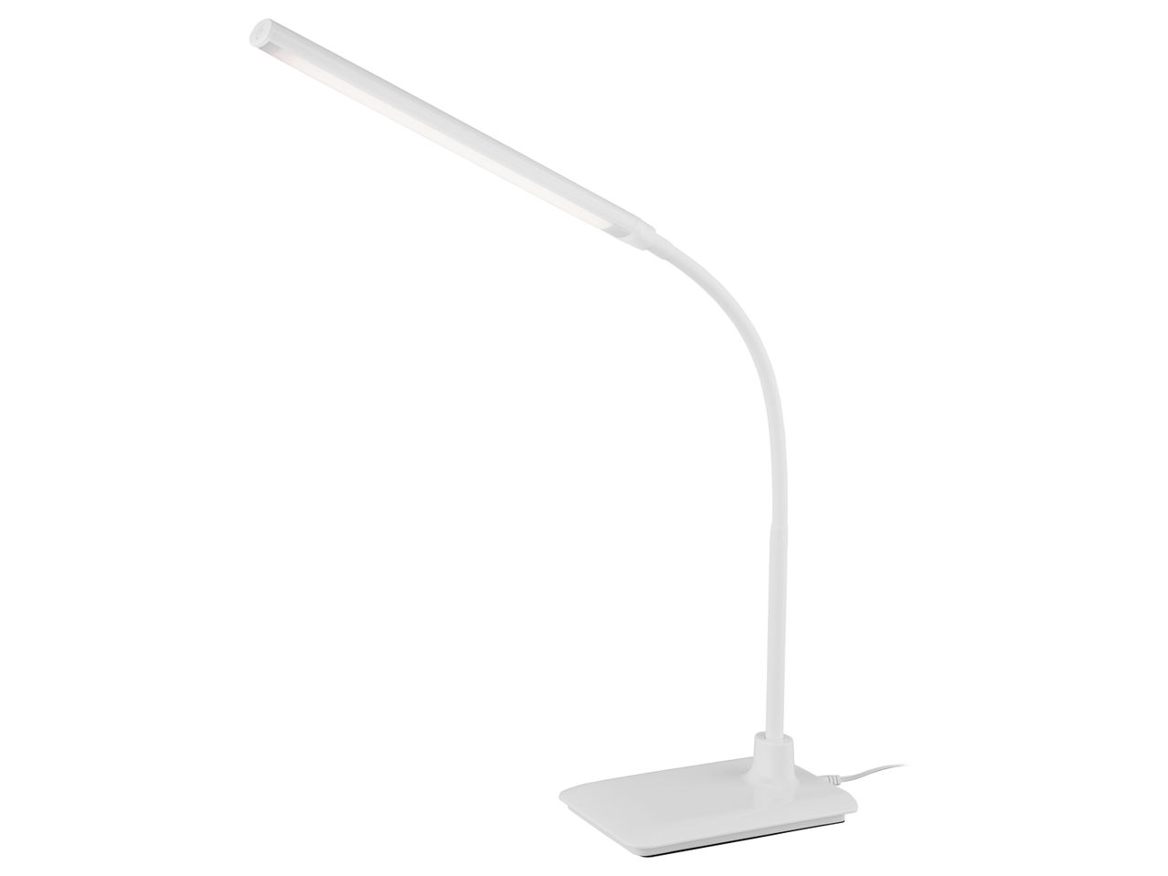 Lampada da tavolo bianca a LED con braccio flessibile.