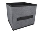 Grey fabric storage box with a black handle and trim