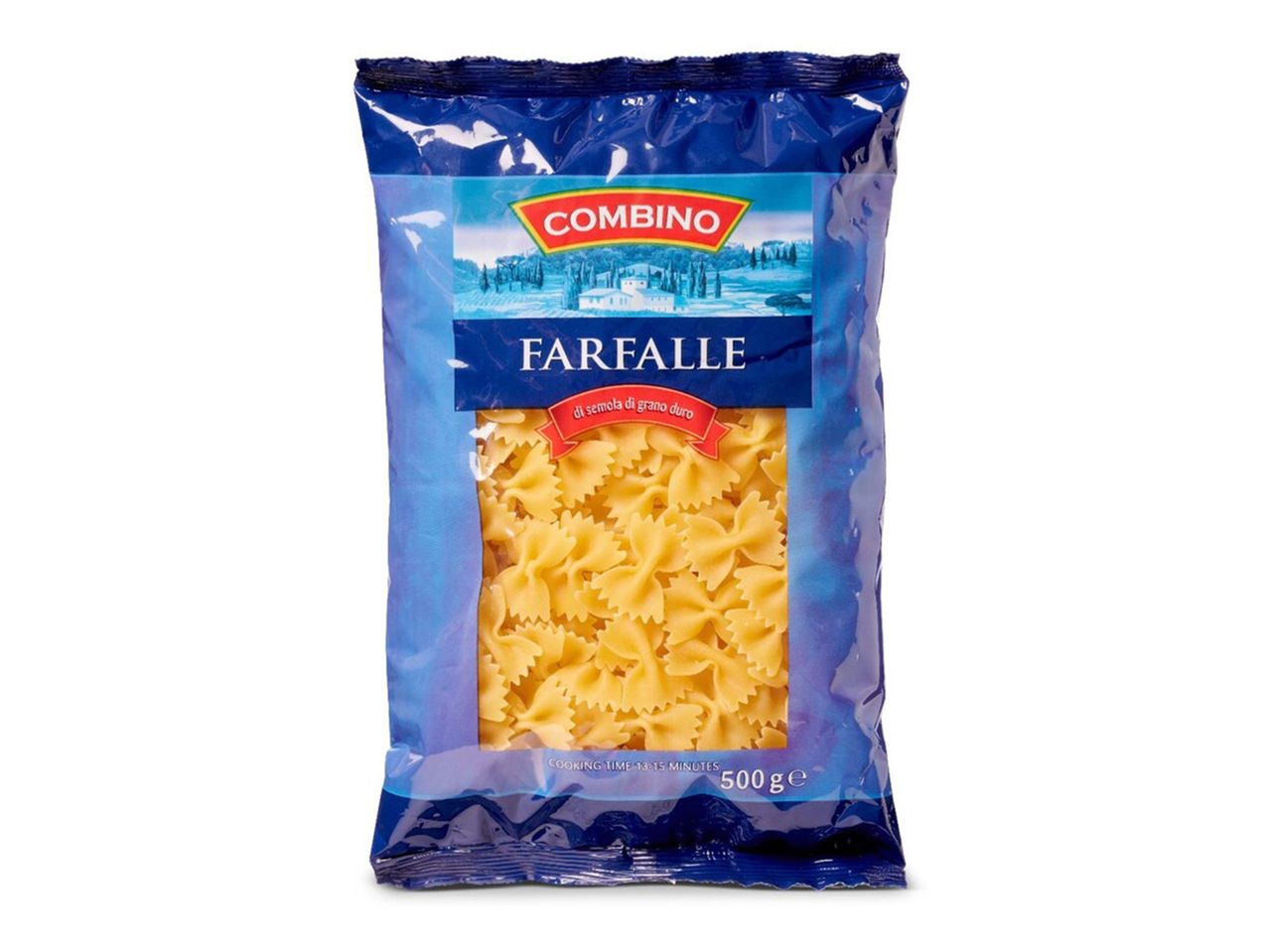 En pakke Combino Farfalle pasta lavet af durumhvedemel, 500g.