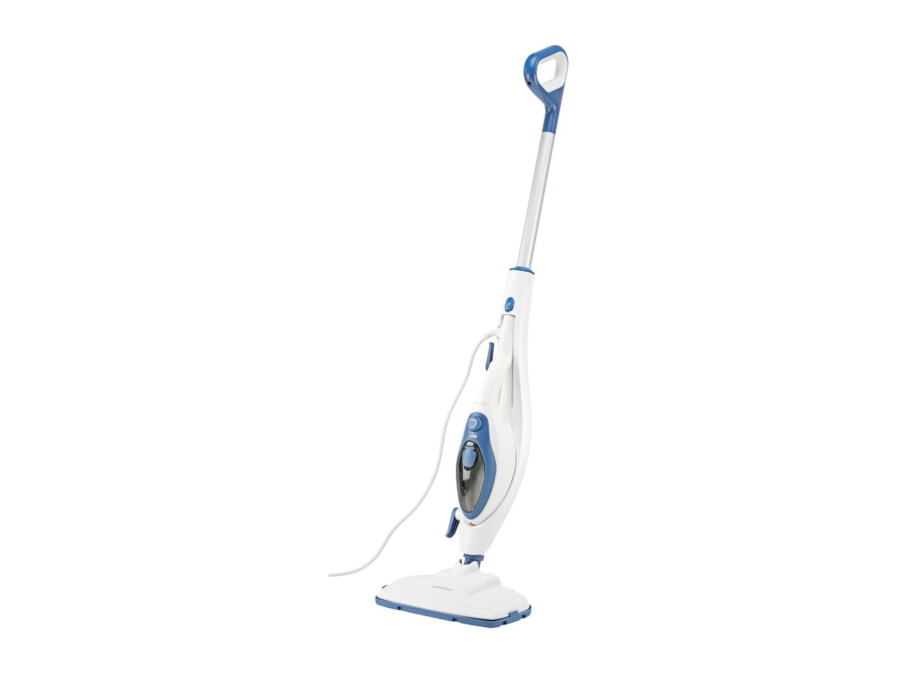 White and blue steam mop with a long handle and a cleaning head