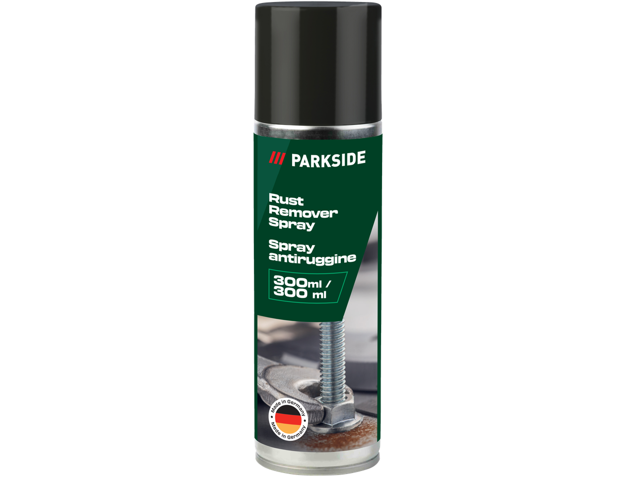 PARKSIDE Rust Remover Spray, 300ml, Made in Germany, with a close-up of a rusted bolt.