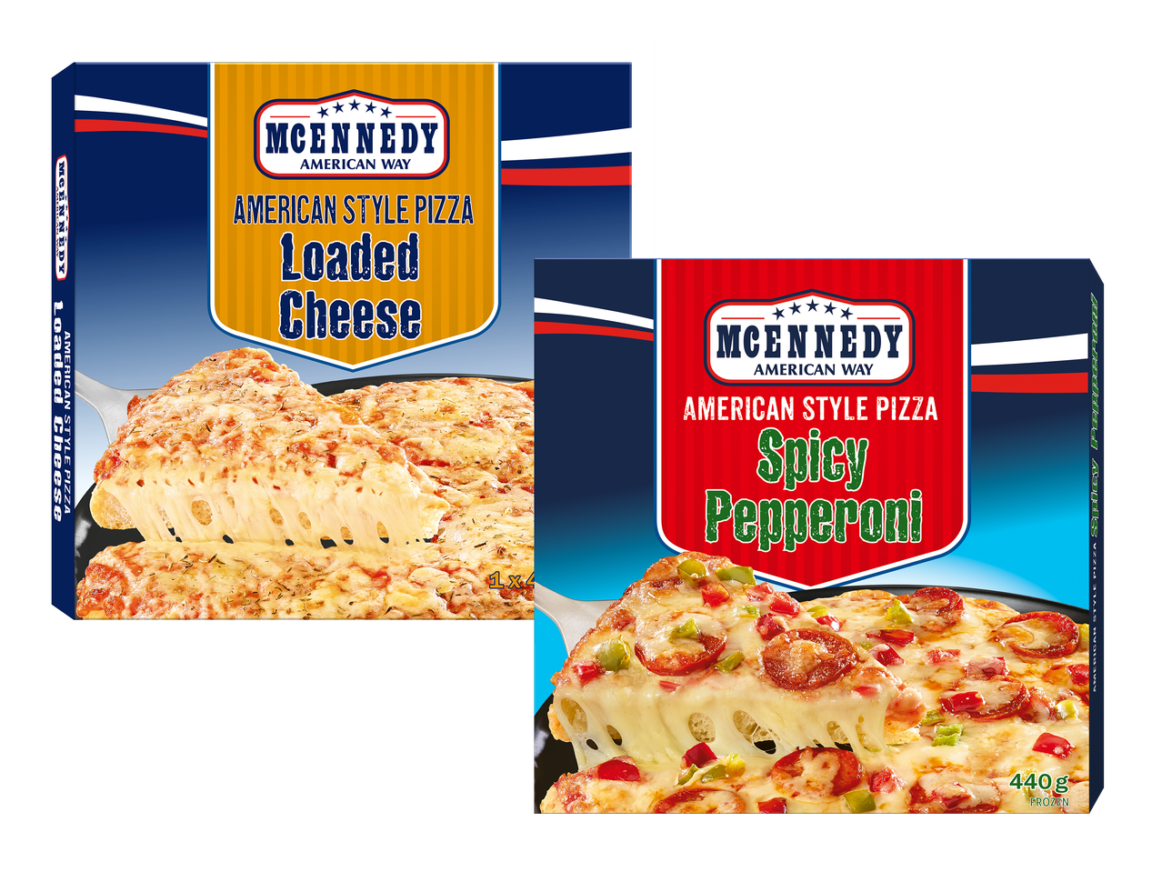 Două cutii de pizza congelată, una cu brânză și una cu pepperoni picant.