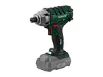 A green and black Parkside cordless impact driver with a gray battery pack.