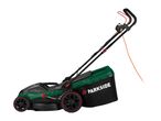 Electric lawnmower with a grass collection box and an orange power cord.