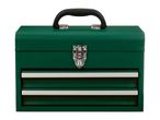 Green metal toolbox with a black handle and silver latches, featuring two drawers.