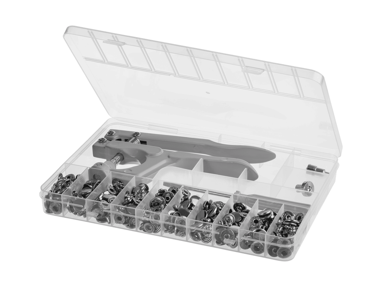 Druckknopf-Set mit Zange und verschiedenen Knöpfen in einer transparenten Box.