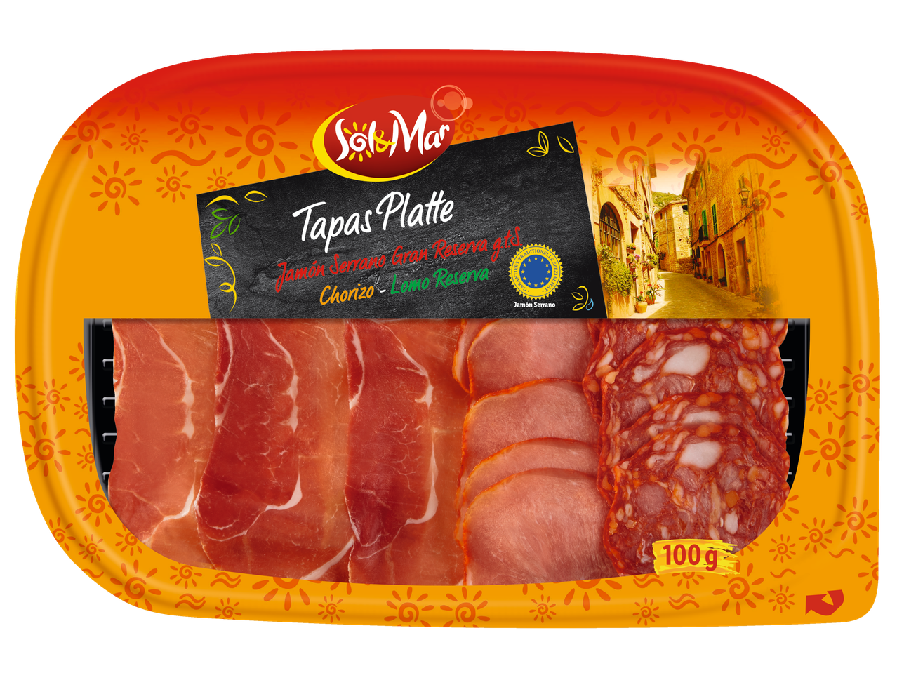 Sol&Mar Tapas Platte: Eine spanisch angehauchte Verpackung mit Jamón Serrano, Chorizo und Lomo Reserva.