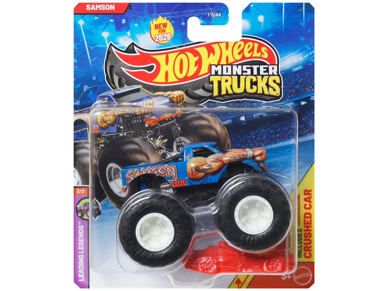 Hot Wheels Monster Trucks Samson voertuigset met een verpletterde auto, nieuw voor 2026.
