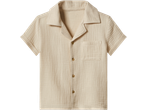 Light beige short-sleeved shirt with a camp collar and front pocket, made from textured fabric.