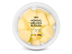 Verse honingmeloenblokjes in een plastic bakje met Nutri-Score A en voedingswaarden.