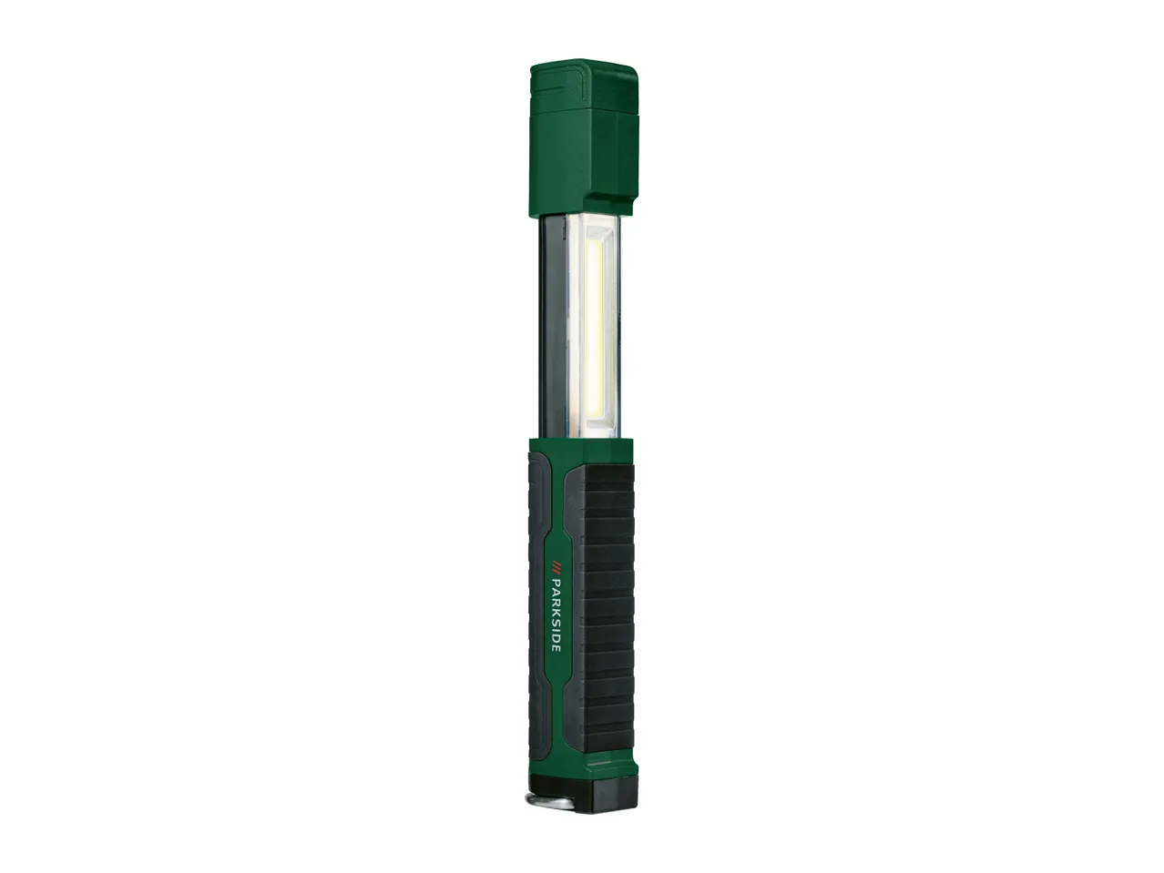 A green and black Parkside LED work light with a bright, illuminated strip.