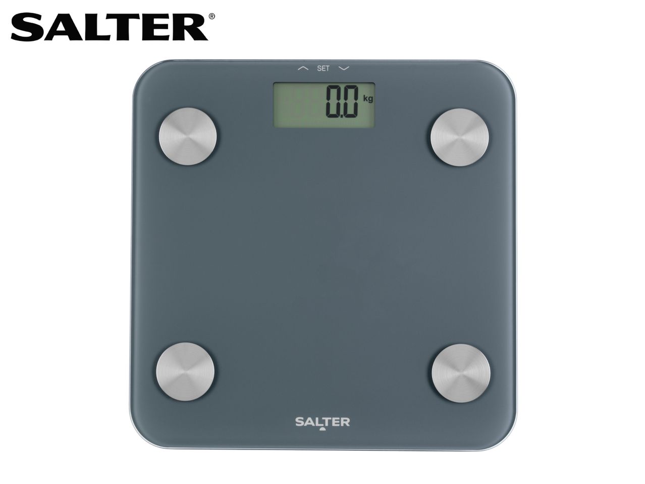 Digital bathroom scale with a grey surface and a display showing '0.0 kg'.