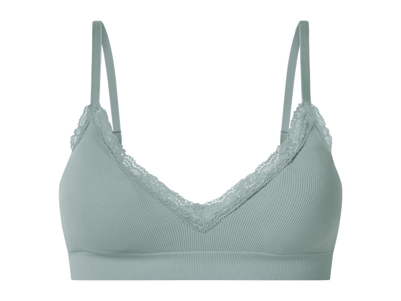 Light green ribbed bralette with delicate lace trim along the neckline.