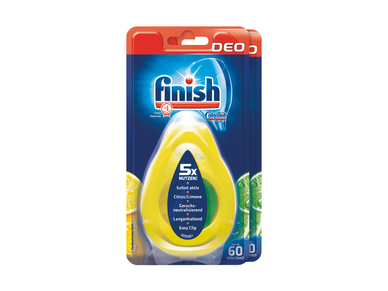 Désodorisant pour lave-vaisselle Finish au parfum d'agrumes et de citron, qui dure jusqu'à 60 lavages.