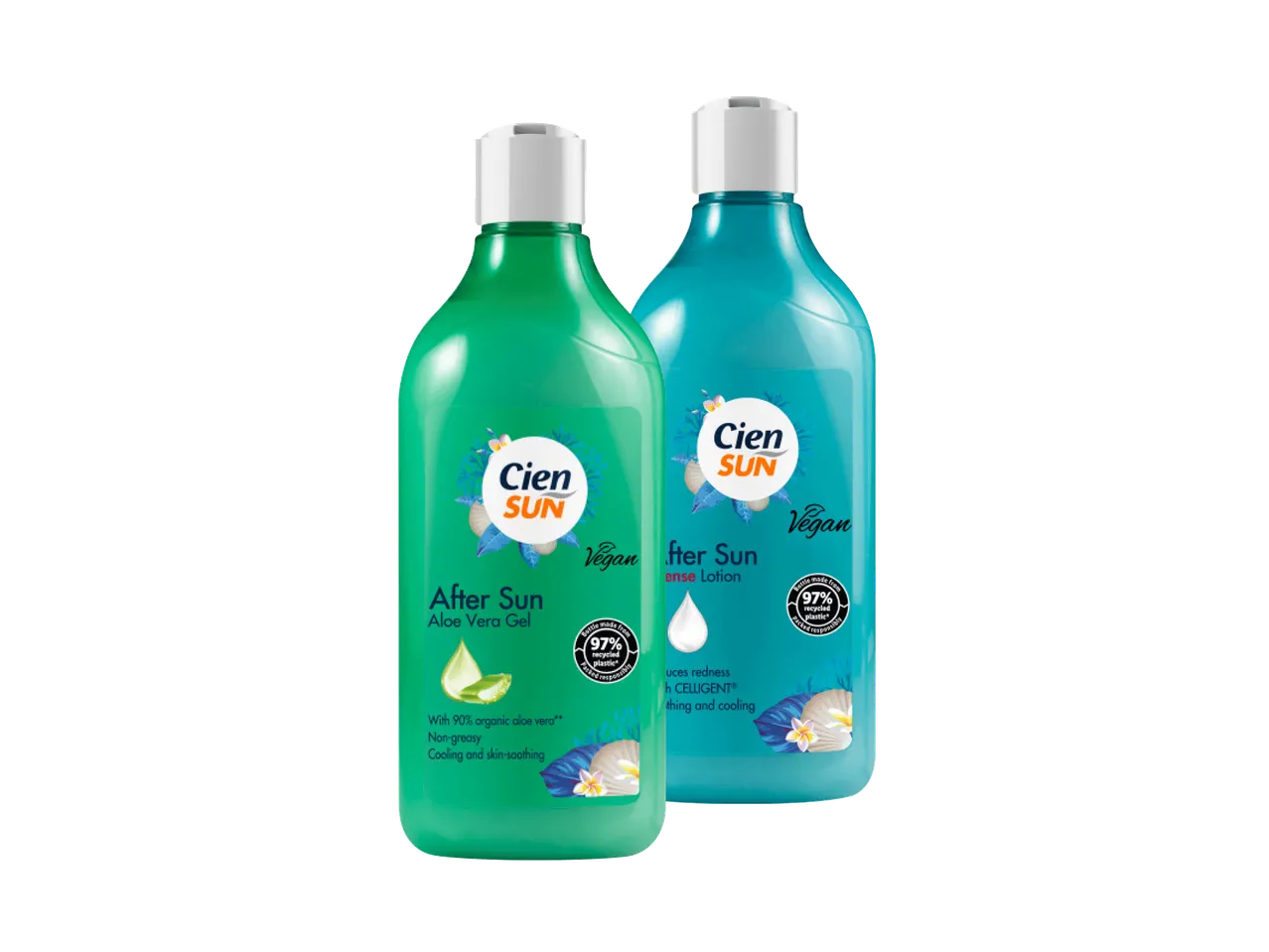 Dve boce losiona za posle sunčanja, jedna sa gelom aloe vere, druga sa losionom za smanjenje crvenila.