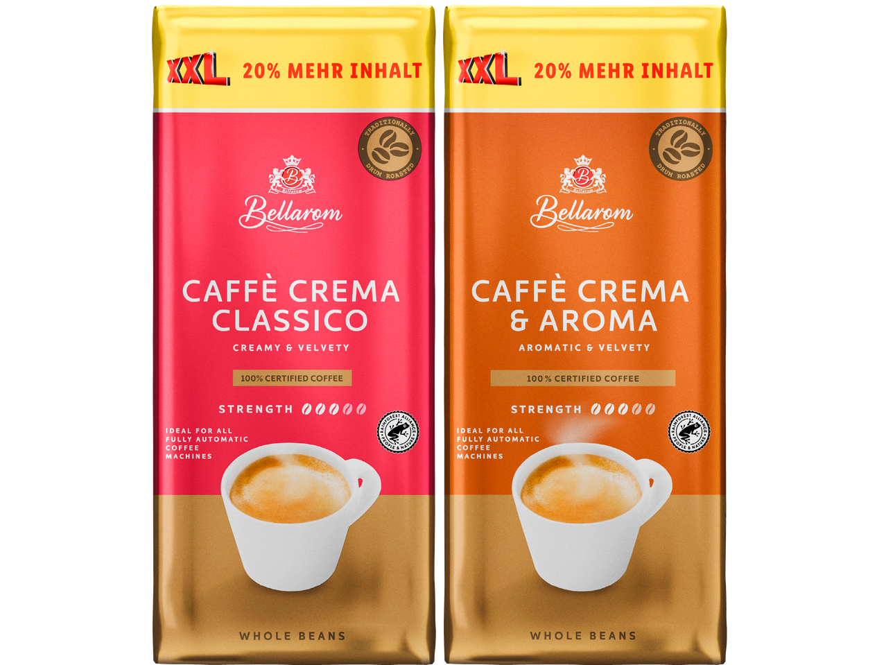 Två Bellarom kaffepåsar, Caffè Crema Classico och Caffè Crema & Aroma, med 20% mer innehåll.