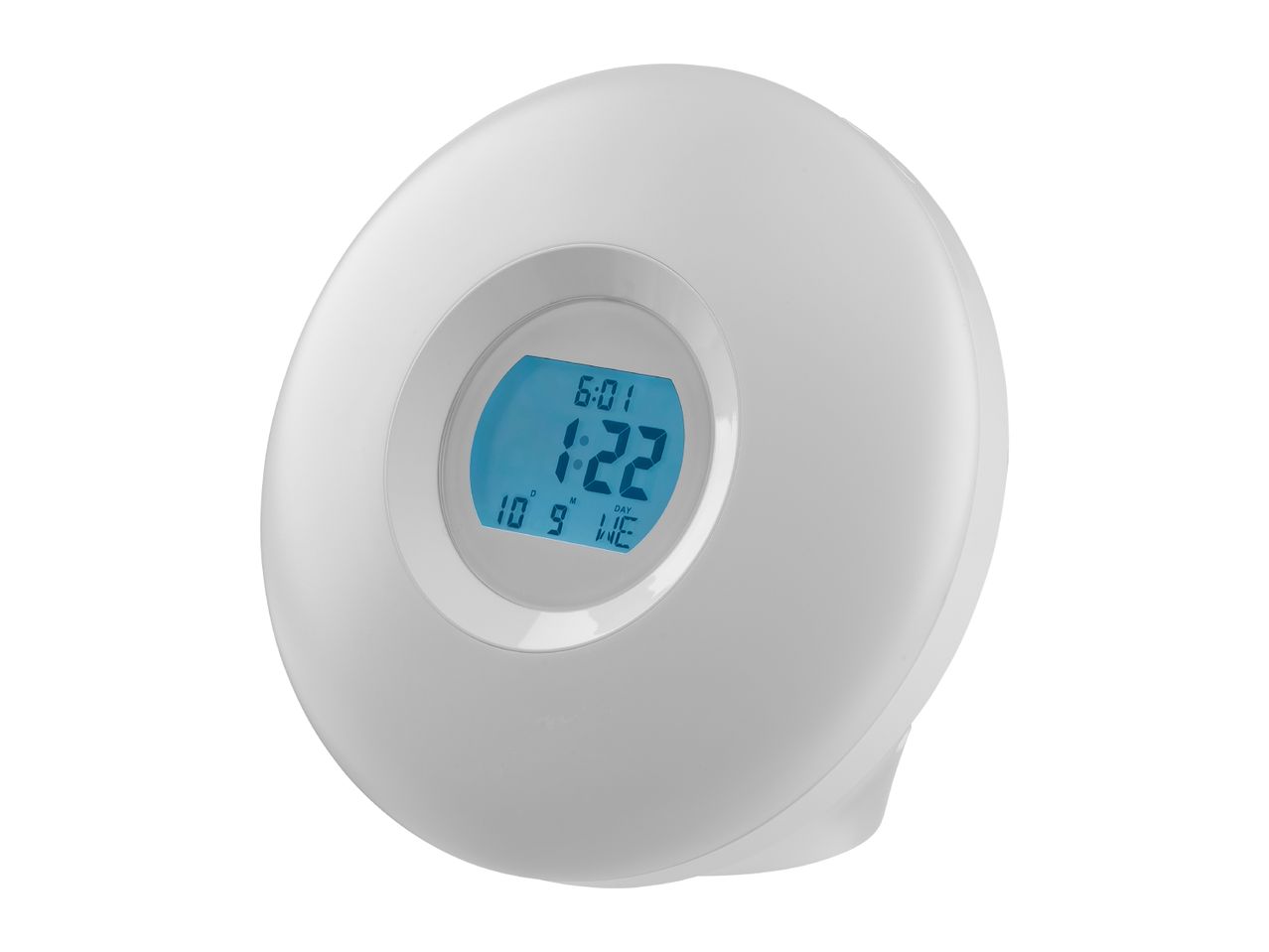 Round white wake-up light with a blue digital display showing the time and date