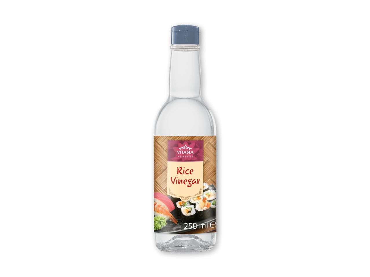 Flaske med risvinseddike med etiket, der viser sushi og teksten 'Rice Vinegar'.