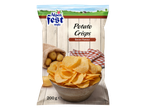 Alpenfest Potato Crisps, Bacon Flavour, 200g, with potatoes and a checkered napkin.