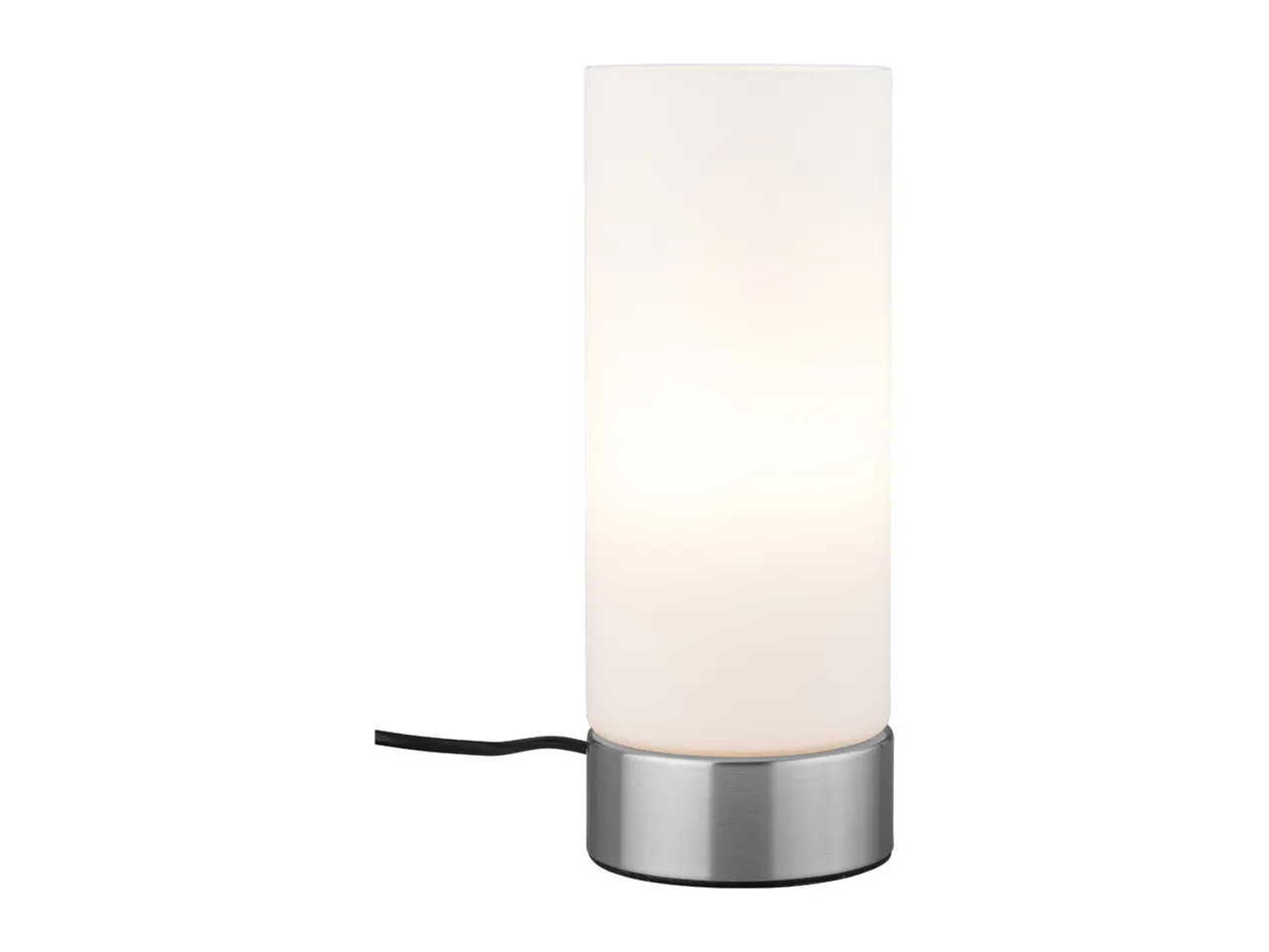Cylindrical table lamp with a frosted white shade and a brushed metal base.