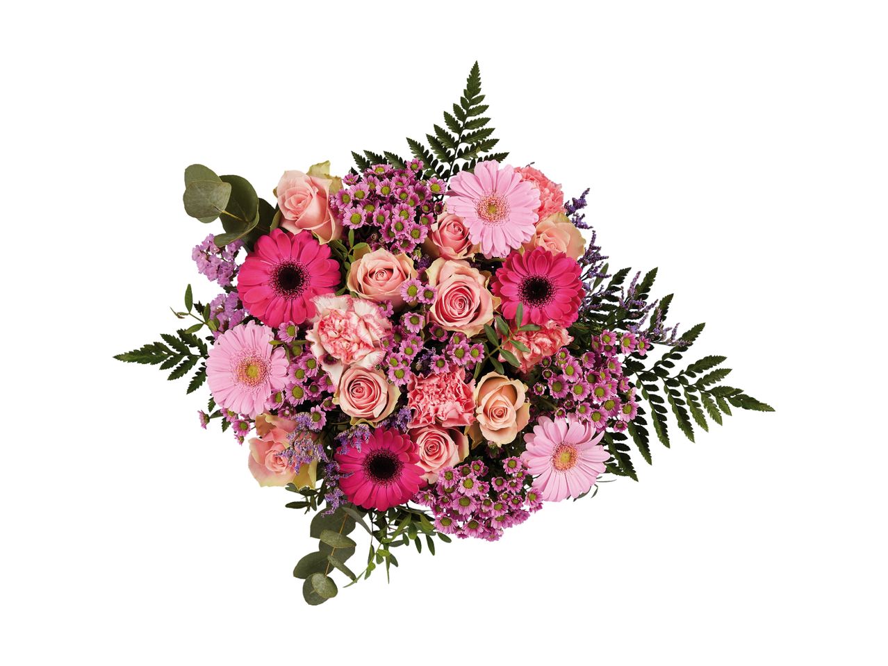 Buketter med lyserøde roser, gerbera og nelliker med grønne blade.