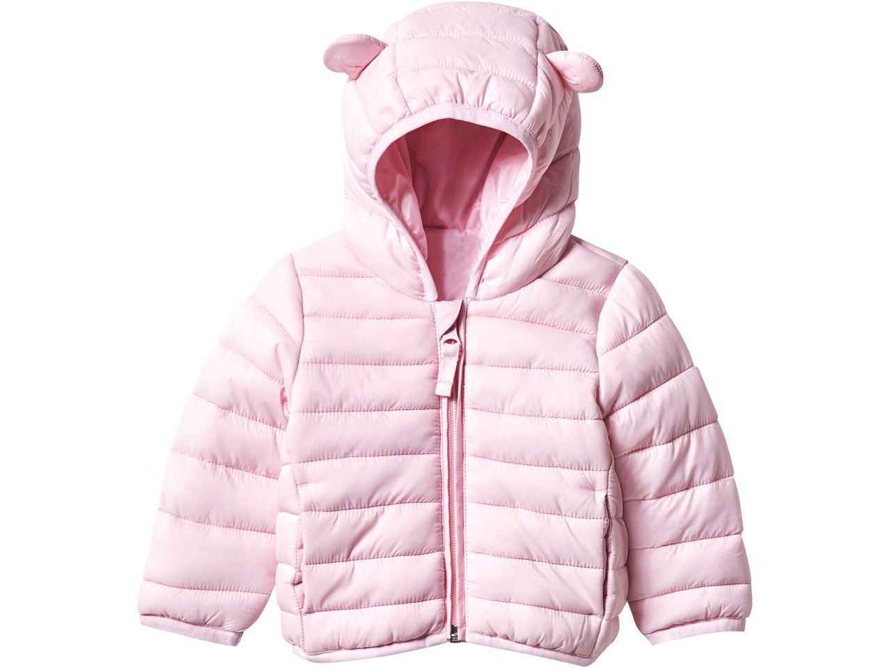 Pink puffer jacket with a hood and bear ears
