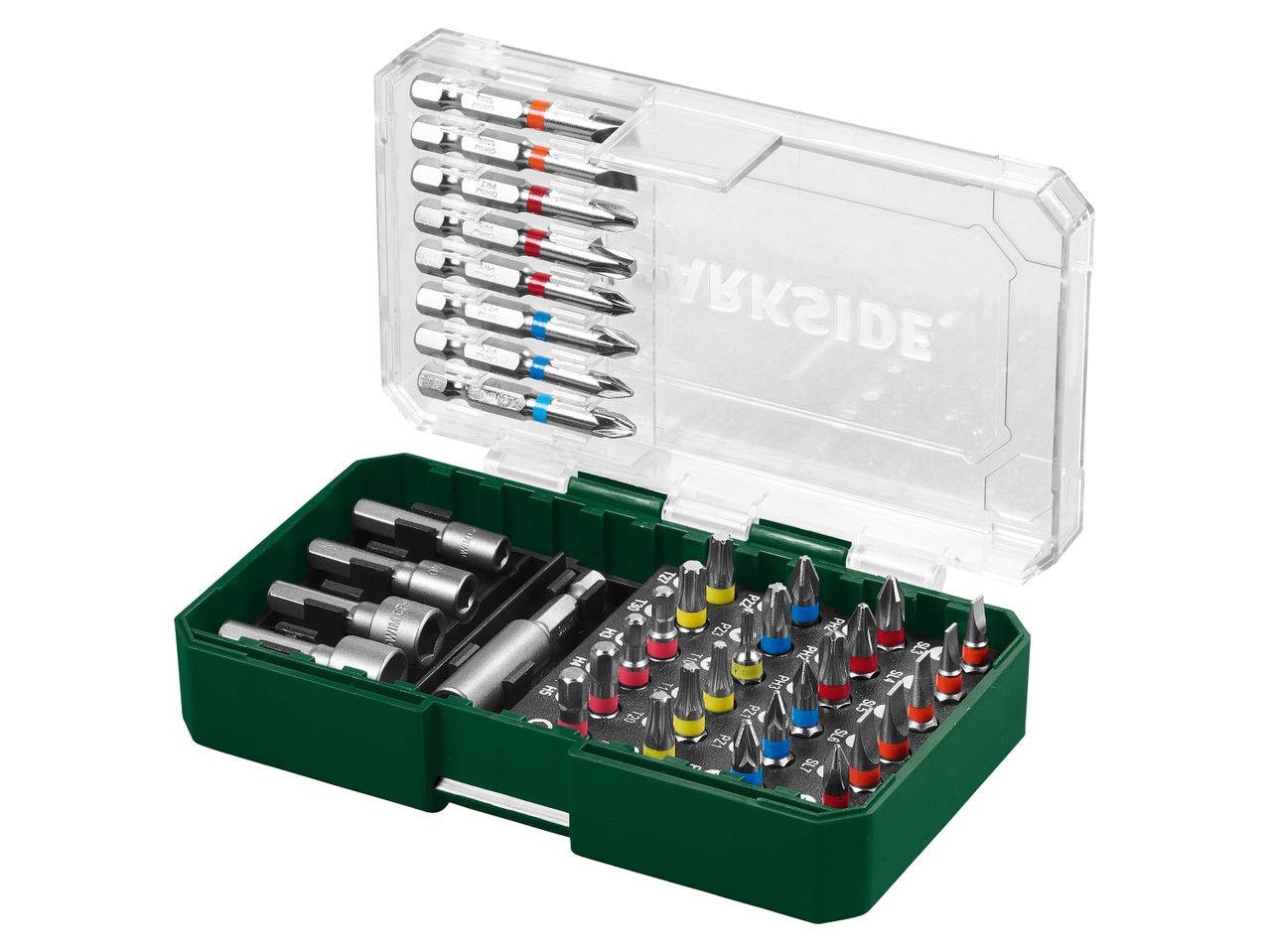 Set di punte da trapano in una scatola di plastica verde.