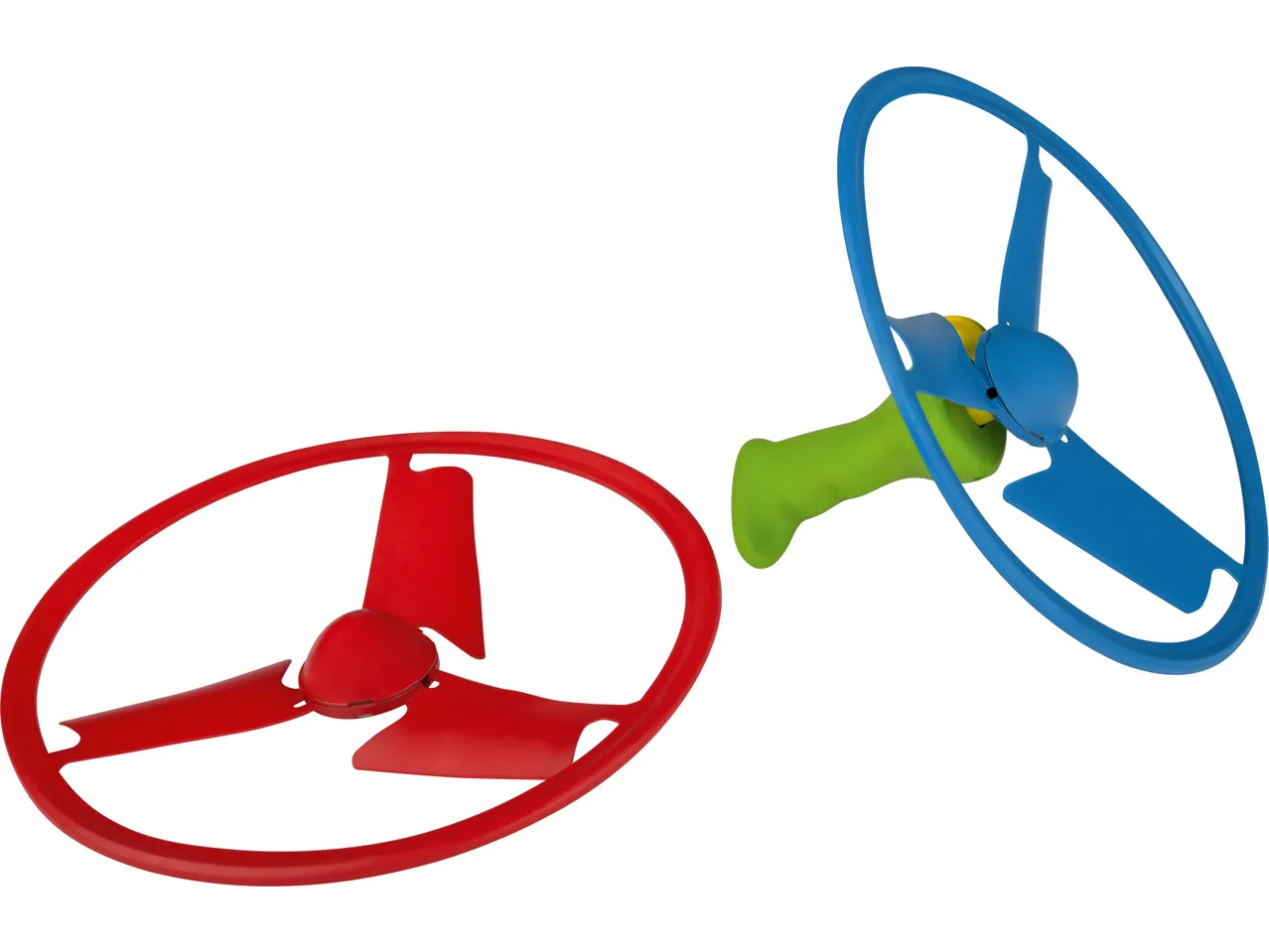 Two colorful plastic flying toys, one red and one blue with a green handle.