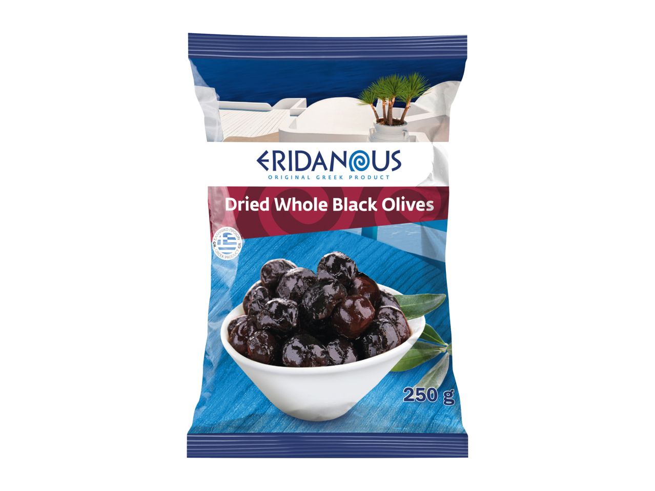Eridanous Dried Whole Black Olives, 250g, in a blue and white package with a Greek theme.