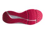 Underside of a running shoe with a bright pink sole and white accents.