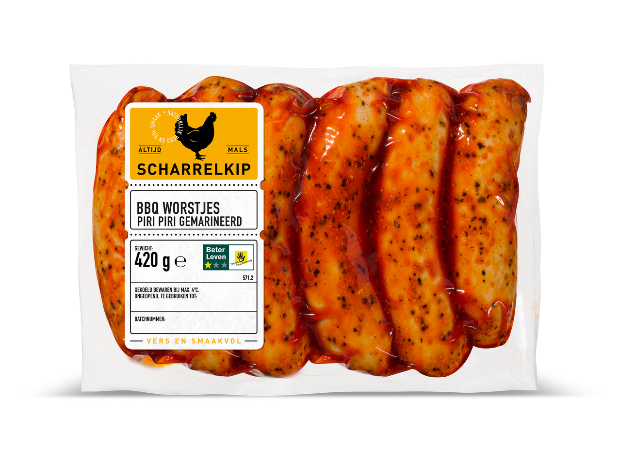 Verpakking met gemarineerde BBQ worstjes van scharrelkip, 420g.