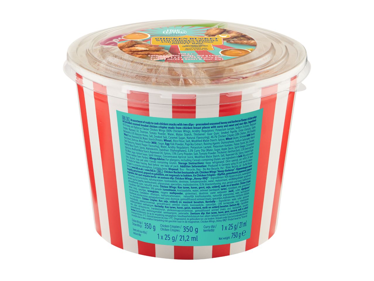 Chicken bucket with chicken crispies and wings, honey-BBQ, curry, and sweet & sour dips.