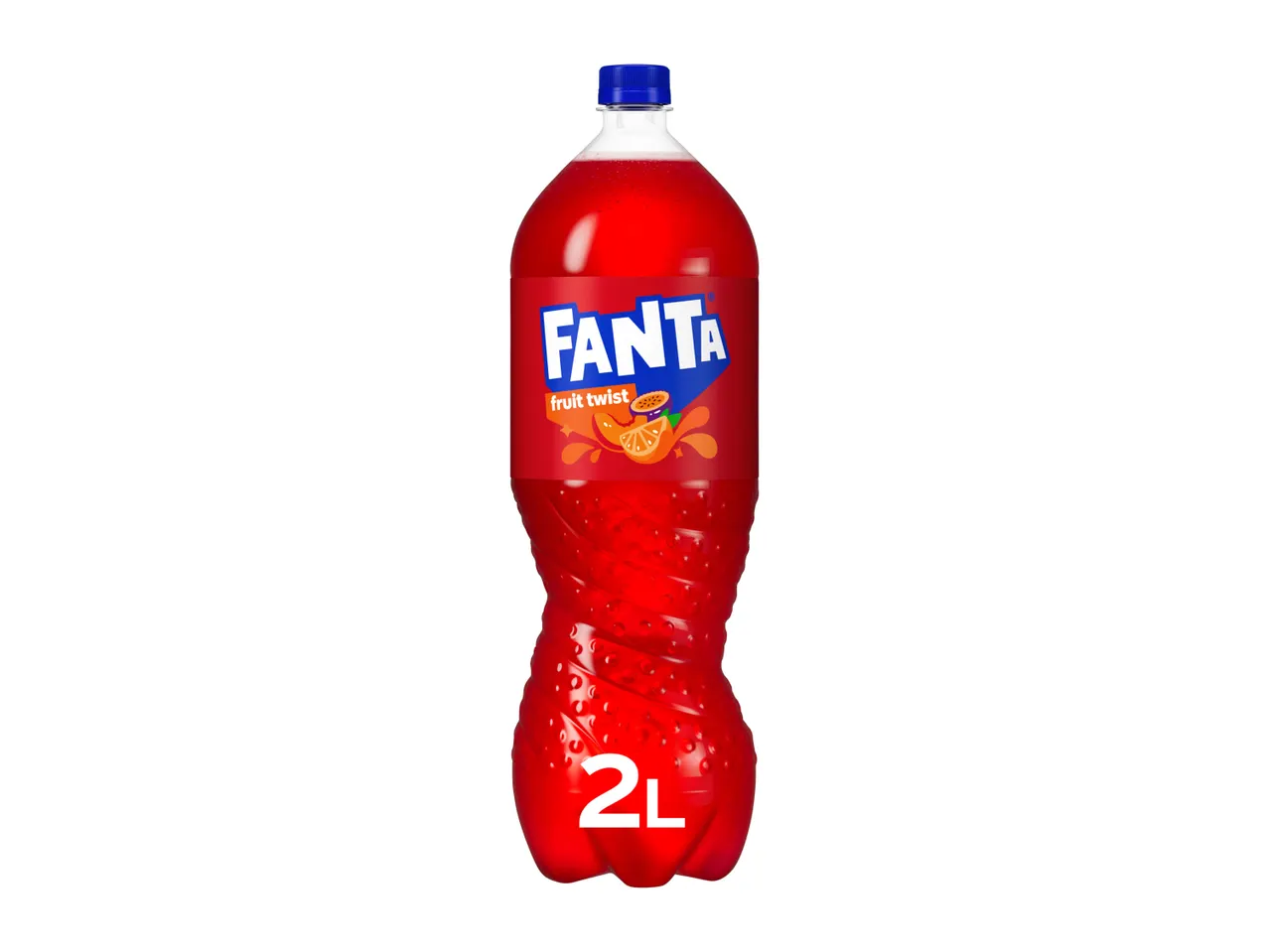 A 2-liter bottle of Fanta Orange soda.