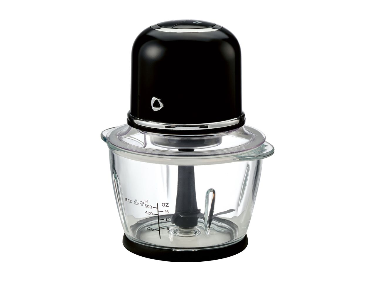Electric food chopper with a black motor unit and a clear glass bowl with measurement markings