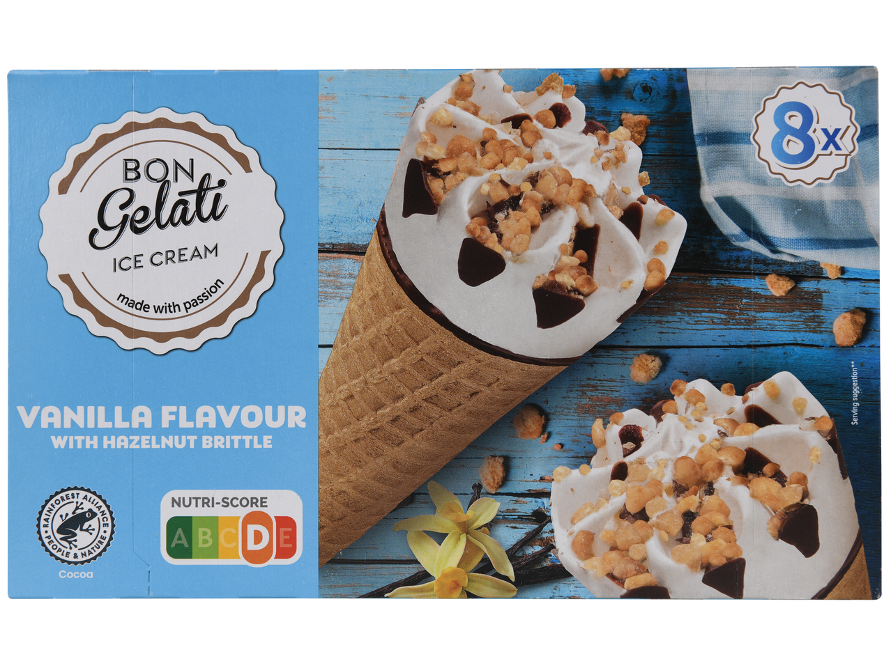 BON GELATI Gelado de Baunilha com Crocante de Avelã, 8 cones por embalagem.