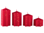 Neli punast tähekujulist sädelevat küünalt, erinevates suurustes.