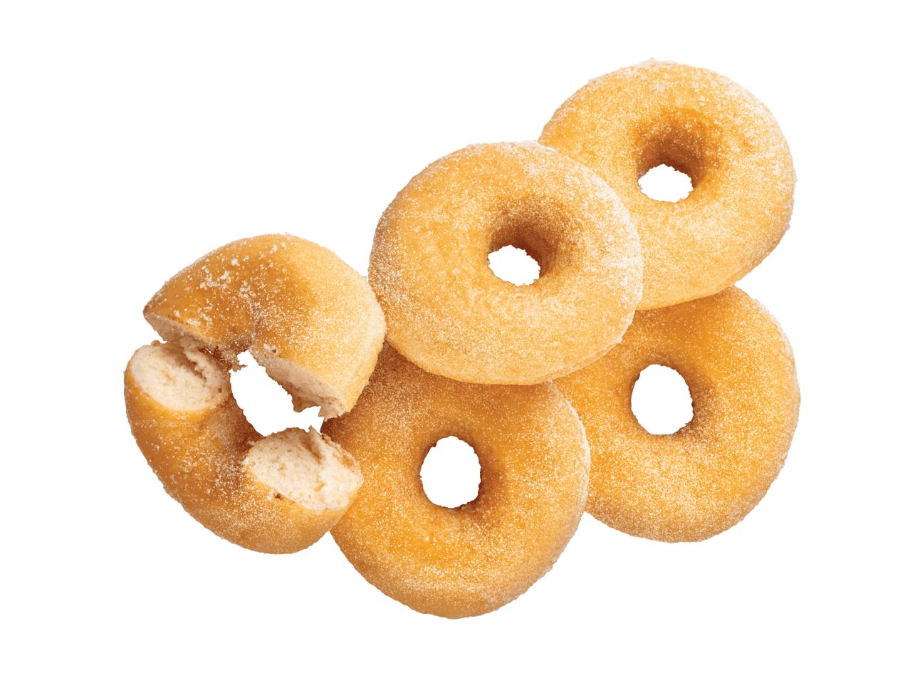 Cukrumi apibarstytos spurgos, viena iš jų perlaužta per pusę.