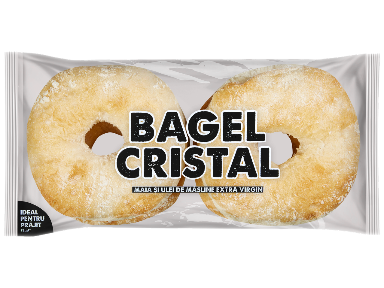 Dois Bagel Cristal com levedura e azeite virgem extra, ideal para torrar, fatiado.
