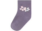 Purple baby socks with pink and white flower accents.