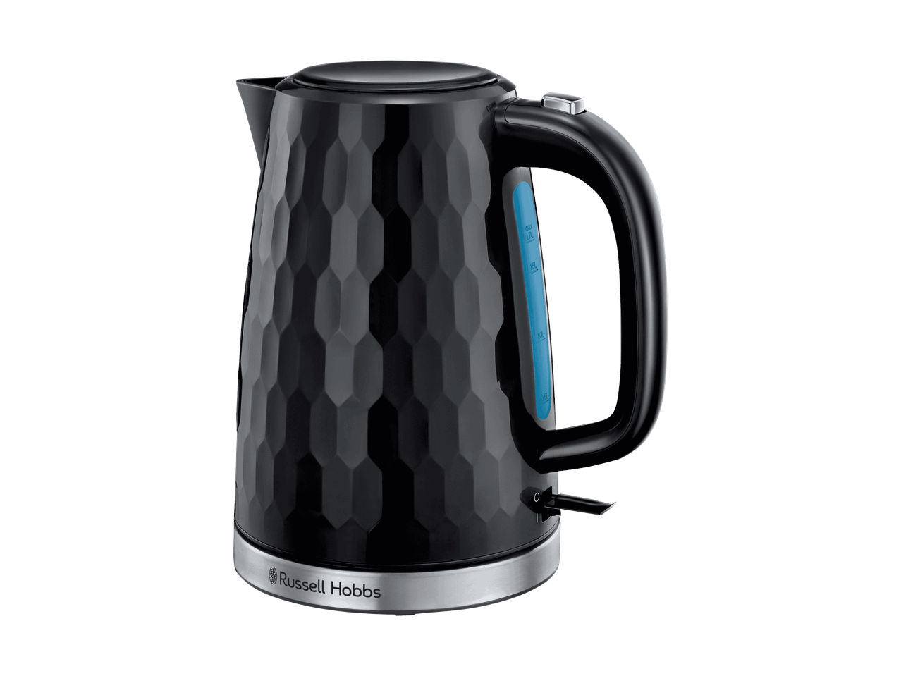 Schwarzer Wasserkocher mit Wabenmuster, blauer Wasserstandsanzeige und Edelstahlbasis.